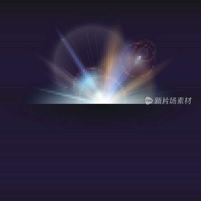 Blurred light rays and lens flare backdrop with place for text. Abstract space sunny poster, glow light effect. Banner with dynamic burst of star, sparkles on backdrop. Vector 3D illustration